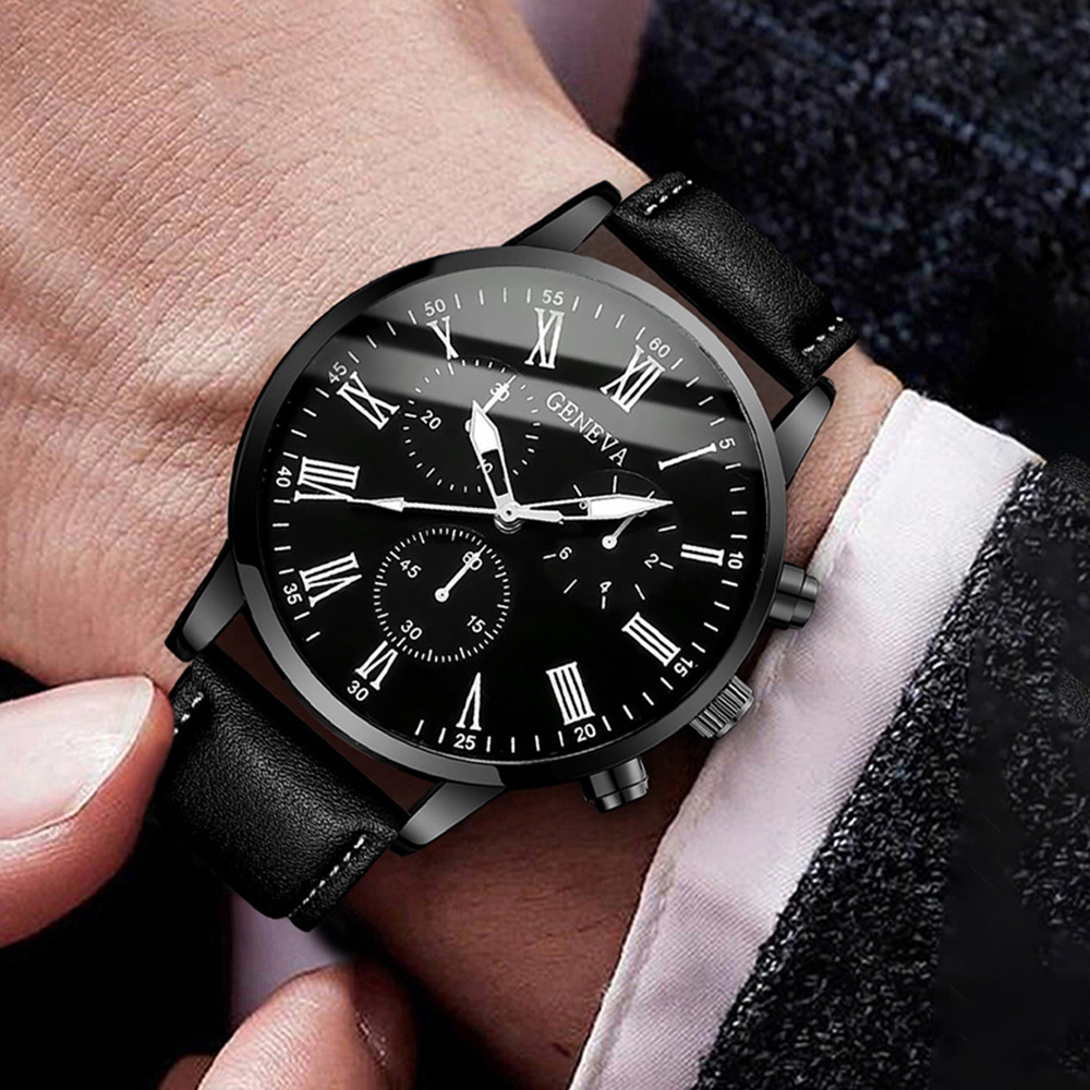 Leather Watch Band Men - Relógio de quartzo masculino, mostrador Roma,